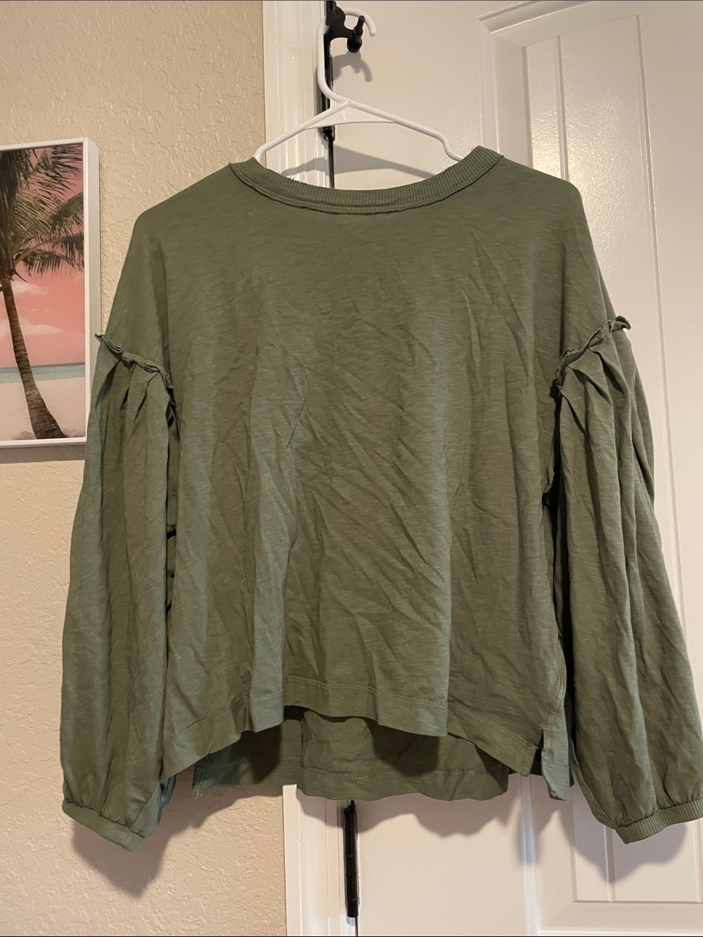 aerie Olive Green Long Sleeve Ruffle-Sleeve Top